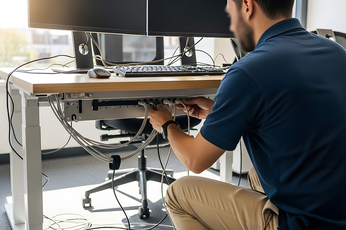 a man hooking up a computer in an office office computer move checklist​